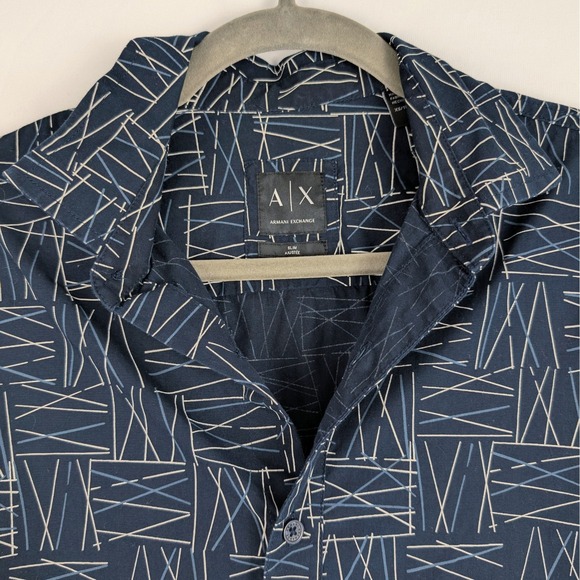 Armani Exchange AX Navy Blue Graphic Long Sleeve Slim Fit Button Down Shirt XS - Picture 1 of 8